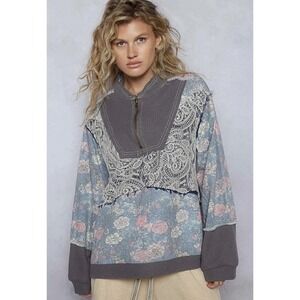 POL Floral Print Paisley Lace Half Zip Waffle Knit Long Sleeve Top Boho Small